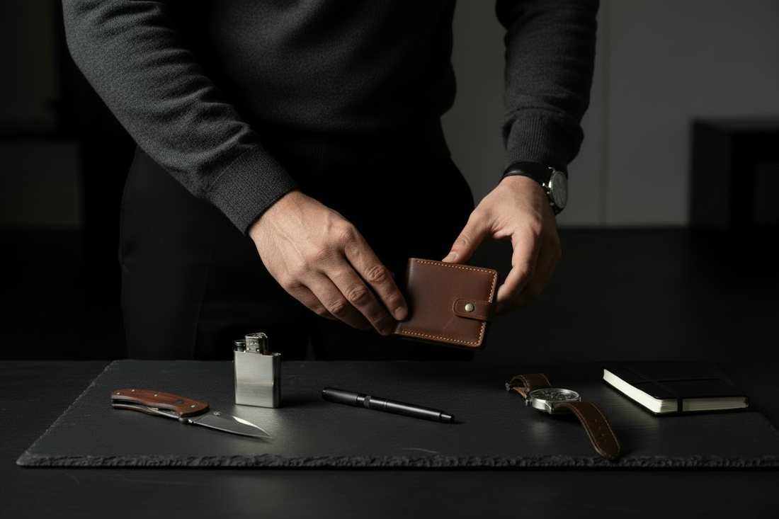 Minimalist EDC essentials laid out on a clean surface — wallet, knife, lighter, watch, pen, power bank, and notebook