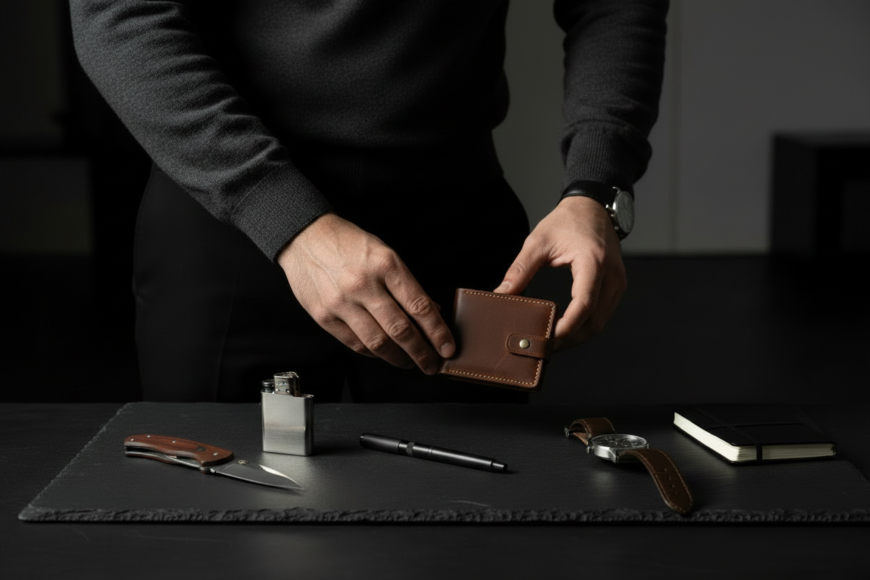 Minimalist EDC essentials laid out on a clean surface — wallet, knife, lighter, watch, pen, power bank, and notebook