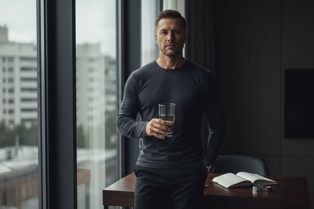 Man starting his morning with intention — movement, hydration, and clarity. Valtier morning routine.