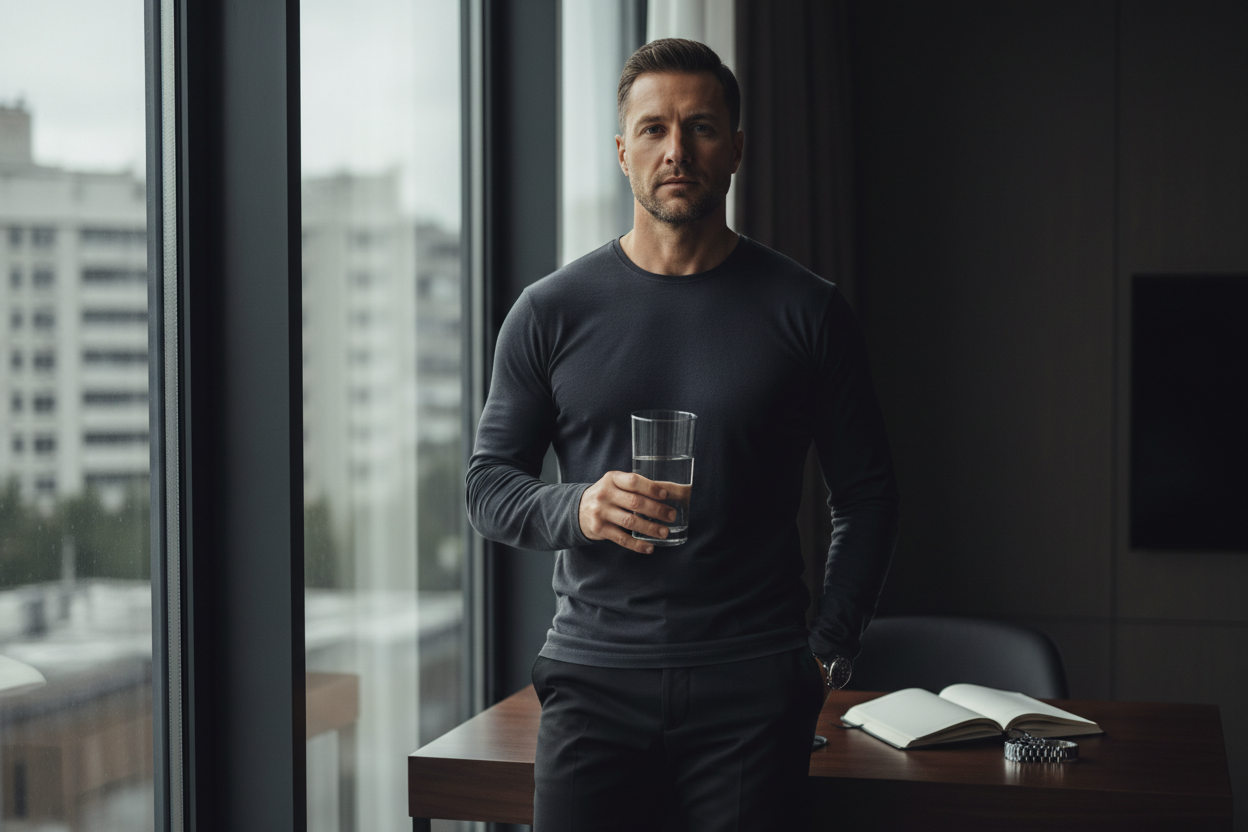 Man starting his morning with intention — movement, hydration, and clarity. Valtier morning routine.