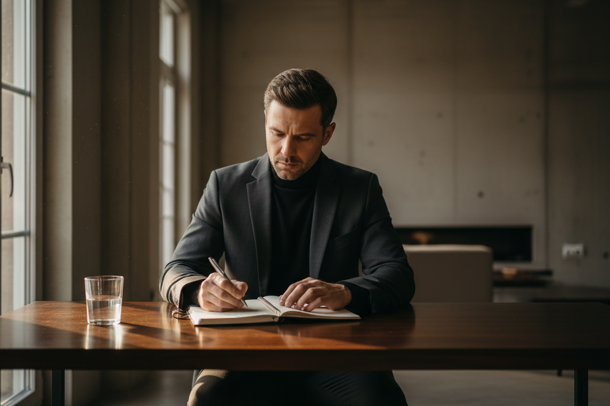 Stoic man writing with intention at a minimal desk in morning light — discipline, identity, and self-respect by Valtier