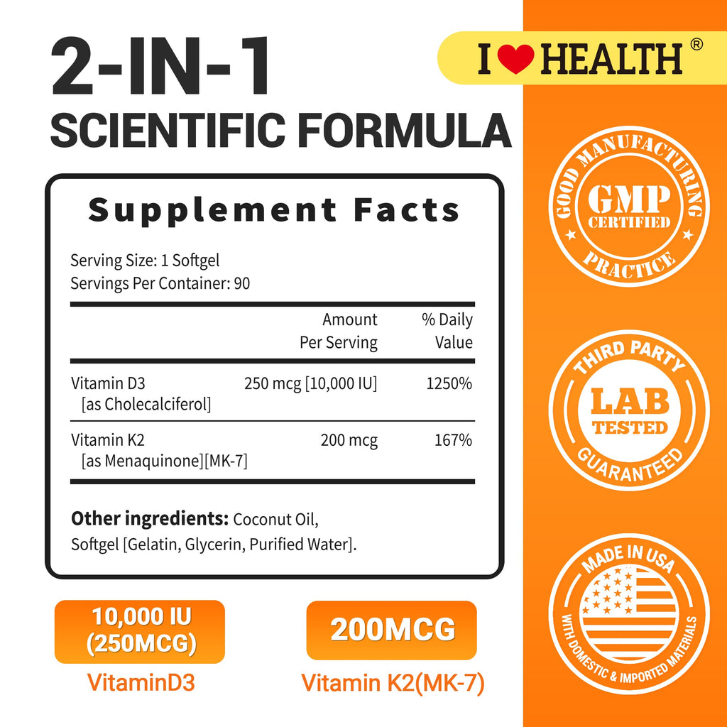 Vitamin D3 10,000 IU + K2 (MK-7) — 90 Softgels