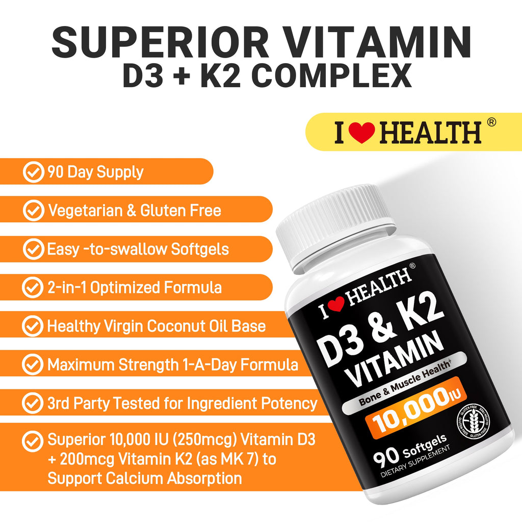 Vitamin D3 10,000 IU + K2 (MK-7) — 90 Softgels