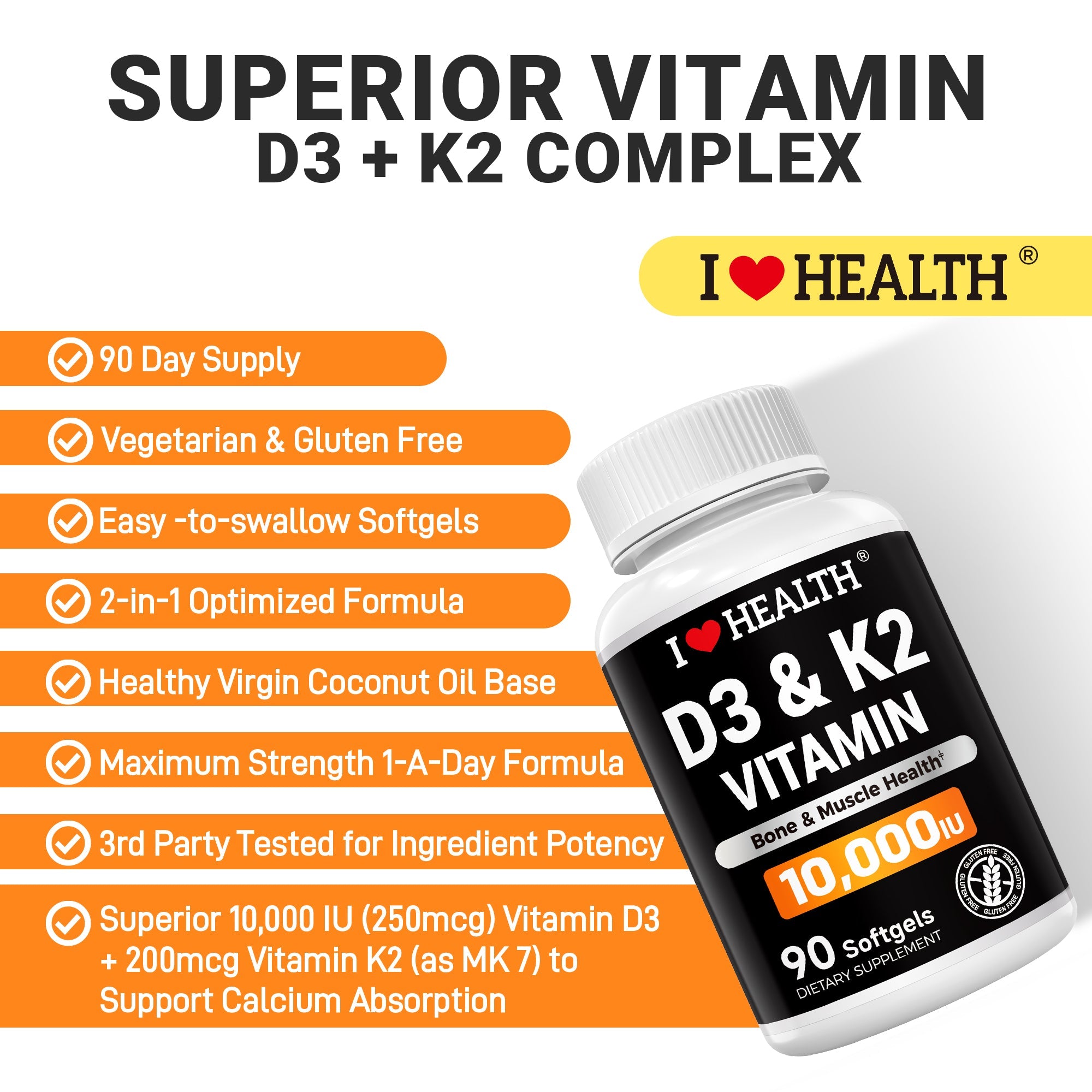 Vitamin D3 10,000 IU + K2 (MK-7) — 90 Softgels