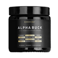 Black supplement jar labeled 'Alpha Buck' by Reindeer Farms on a white background