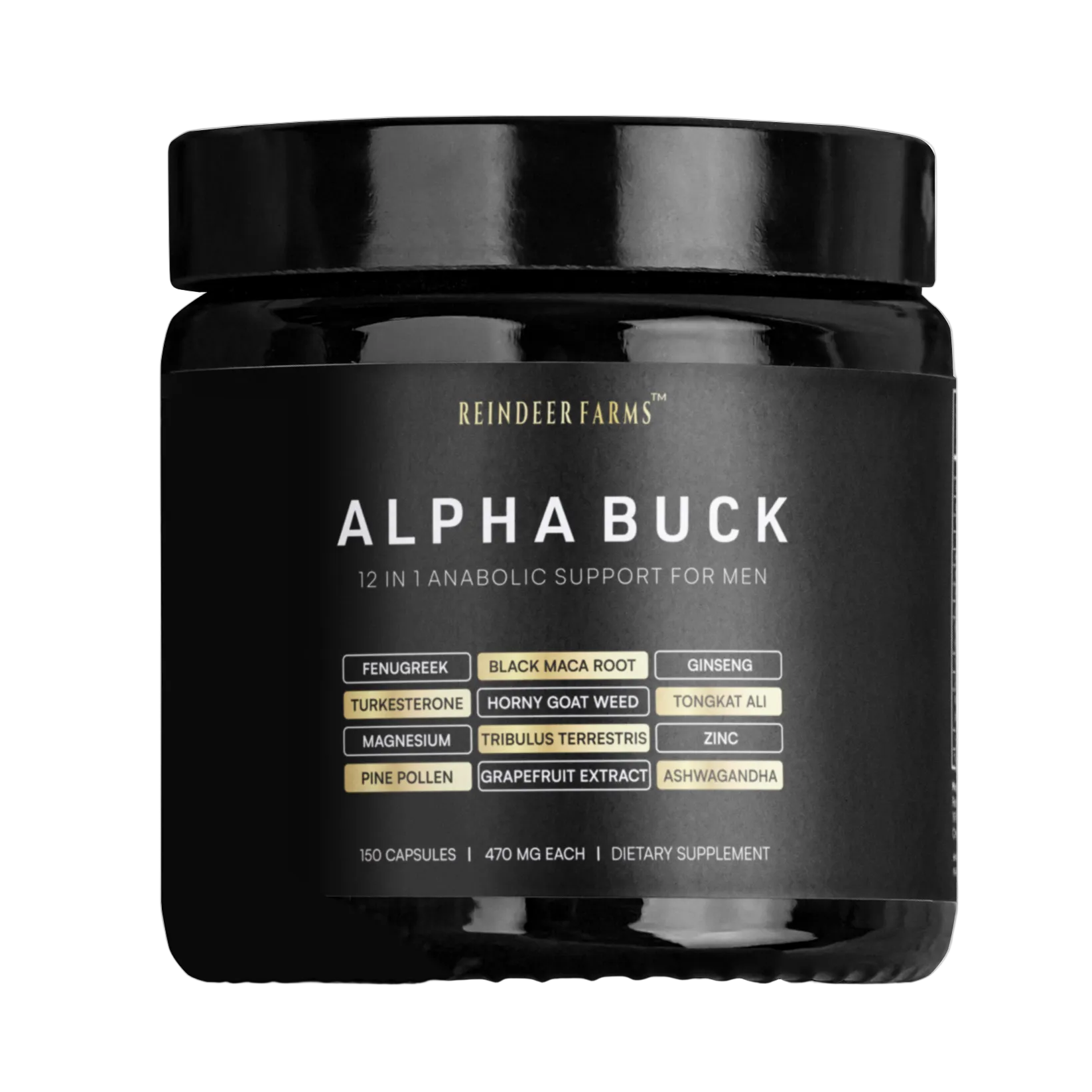 Black supplement jar labeled 'Alpha Buck' by Reindeer Farms on a white background